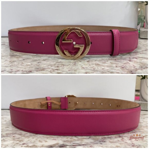 Authentic Gucci Hot Pink Calfskin Leather Gold Interlocking G Buckle Belt 80/32 - Picture 6 of 13